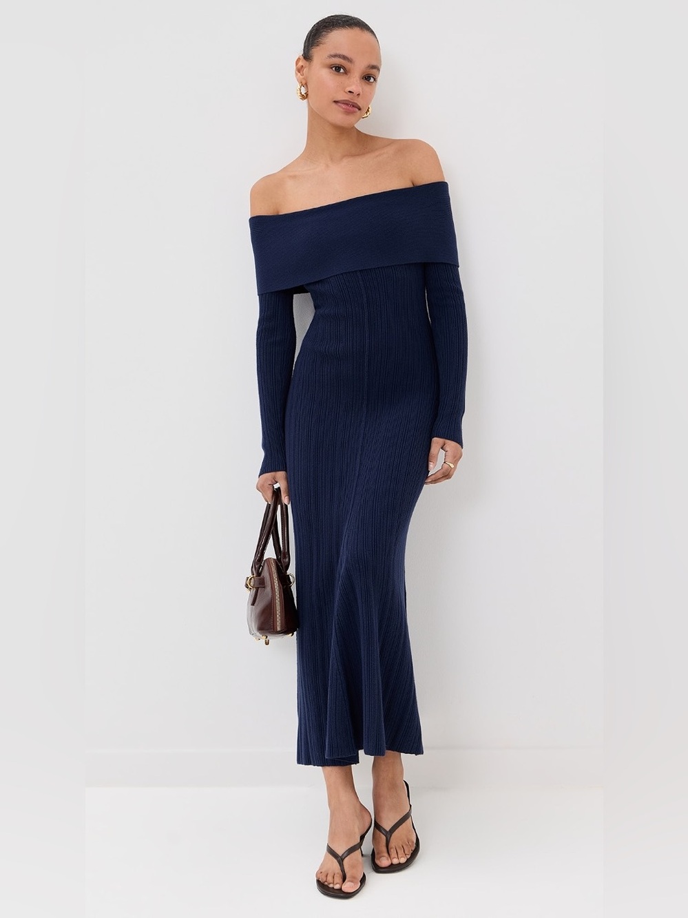 Le Bop Off The Shoulder Midi Dress Navy Blue Ribbed Long Sleeves NWT